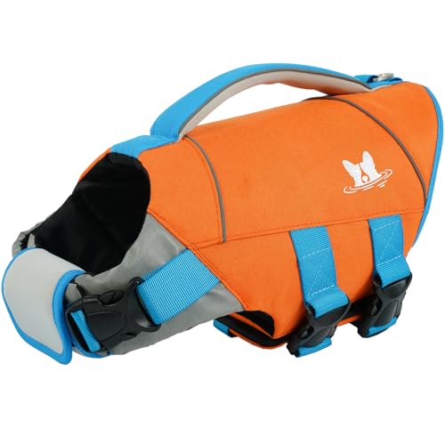 IECOii Large Dog Life Jacket for Swimming, Reflective Dog Floating Vest with Strong Life Handle and Metal D-Ring, Summer Beach & Pool Essentials Water Play Gear, Bright Pet Dogs Life Vest Orange, L - color: Orange, size: Large Chest:22.8-29.5'')