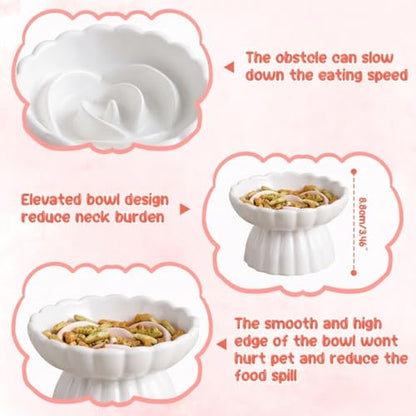 Ceramic Slow Feeder Cat Bowl 5.5inch with Lick Mat,Elevated Food Bowl for Cats and Small Dogs,Cute Flower Shape for Dry and Wet Food-White Bowl+Pink Lick Mat - color: White Bowl+ Pink Lick Mat
