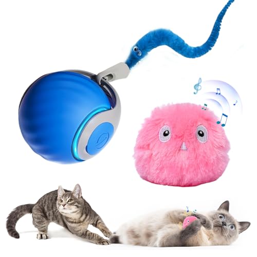 2 Pcs Speedy Tail, Interactive 2.0 Cat Toy Ball for Indoor, Automatic Speedy Sprint Balls and Chirping Ball, Self Play Hunting Rolling Kitty Kitten Catnip Exercise Toys - color: Blue+Pink