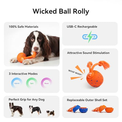 Cheerble Smart Interactive Dog Toy, Wicked Ball Rolly, Automatic Moving, Bouncing, Rotating, E-TPU Material, with Rope & Barks Sound Active Rolling Interactive Dog Ball for Medium and Large Dogs - color: Orange