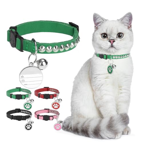 Leather Personalized Breakaway Cat Collar with Studded Bell and Safety Quick Release Buckle - Rivets Studded ID DIY Collars for Boy Girl Cats Kittens, 9" - 11.5" Green - color: Green, size: 9"-11.5"
