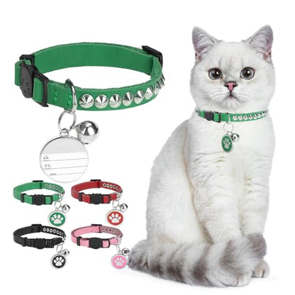 Leather Personalized Breakaway Cat Collar with Studded Bell and Safety Quick Release Buckle - Rivets Studded ID DIY Collars for Boy Girl Cats Kittens, 9" - 11.5" Green - color: Green, size: 9"-11.5"