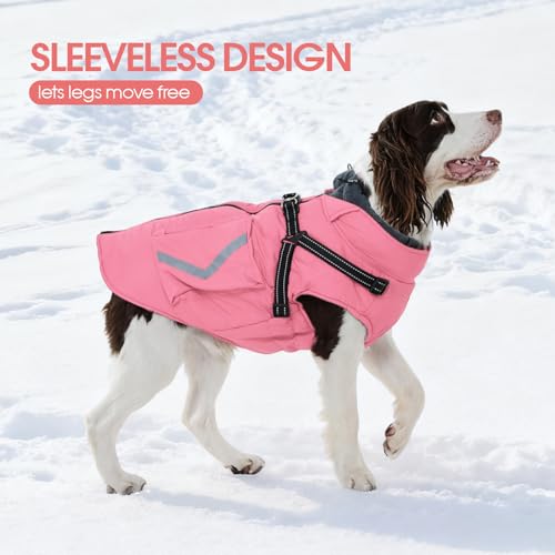 FUAMEY Dog Winter Coat Waterproof, Warm Fleece Lined Jacket for Dogs, Extra Large Goggie Vest with Harness Built in, Pet Cold Weather Coats Doggy Outfits Back Zipper, Weimaraner (Pink, 2XL) - color: Soft Pink, size: XX-Large