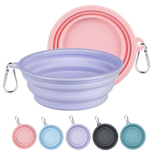 Collapsible Dog Bowls Medium, 2Pack Foldable Dog Travel Bowl, Portable Pet Water Food Bowl with Clasp, Pet Cat Feeding Cup Dish for Traveling, Walking, Hiking (Lavender & Pink) - color: Lavender & Pink, size: Medium