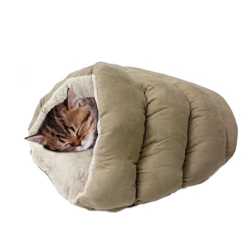 SPOT Sleep Zone Cuddle Cave, Cat Cave Bed for Indoor Cats and Mini Dogs, Durable and Washable, Comfortable for Kittens and Puppies Under 10lbs and 12in Long, Tan Color - style: Tan