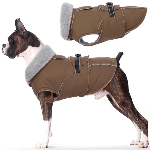 Lelepet Warm Dog Coats for Medium Dogs Waterproof Dog Jacket Reflective Pet Fleece Vest Windproof Cold Weather Coats with Adjustable Buckle & Leash Hole, Brown, M - color: Brown, size: M