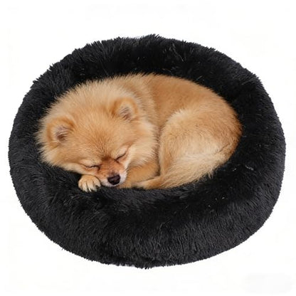Calming Donut Dog Beds for Small Dogs Kitten - Washable Removable Cover Non-Slip Bottom, Round Pet Bed Puppy Bed Warming Fluffy Faux Fur Anti-Anxiety, Fits up to 15 lbs (Black, 20") - color: Black, size: 20"L x 20"W x 8"Th