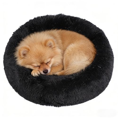 Calming Donut Dog Beds for Small Dogs Kitten - Washable Removable Cover Non-Slip Bottom, Round Pet Bed Puppy Bed Warming Fluffy Faux Fur Anti-Anxiety, Fits up to 15 lbs (Black, 20") - color: Black, size: 20"L x 20"W x 8"Th