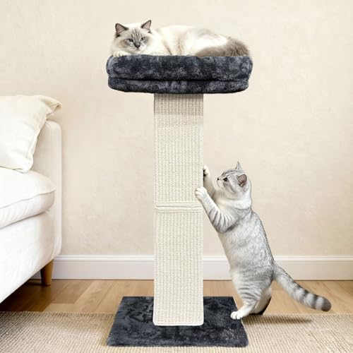 Cat Scratching Post, 32”Cat Scratcher with Large Plush Perch, Sisal & Carpet Scratching Post, Vertical Posts with Elevated Bed for Indoor Cats, Removable& Washable Cover, Dark Grey - color: Dark Grey with Bed