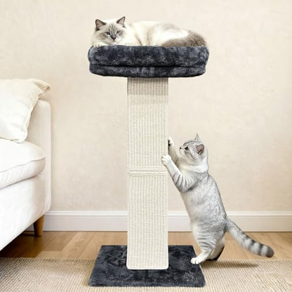 Cat Scratching Post, 32”Cat Scratcher with Large Plush Perch, Sisal & Carpet Scratching Post, Vertical Posts with Elevated Bed for Indoor Cats, Removable& Washable Cover, Dark Grey - color: Dark Grey with Bed