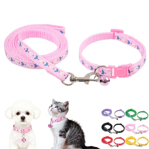 Pink Puppy Collar and Leash,Adjustable Buckle Heart Print Nylon Dog Collars for Xs XSmall Small Puppy Dogs Cat Kitten X-Small，Neck 7.5-12.5 Inch - color: Pink2
