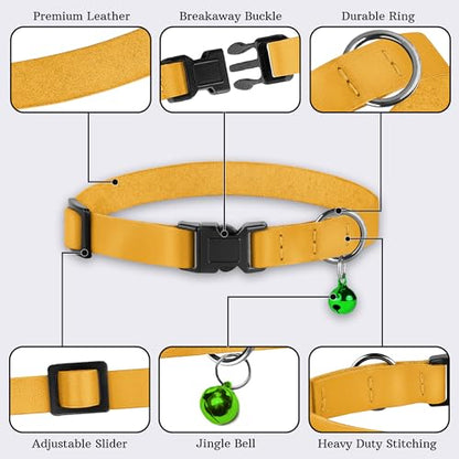 Breakaway Cat Collar with Bell - Leather Adjustable Kitten Collars with Safety Quick Release Buckle - Soft Small Pet Collars for Girl & Boy Cats (Yellow) - color: Yellow