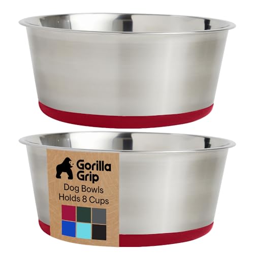 GORILLA GRIP Dog Bowls, Food Grade 304 Stainless Steel, Holds 8 Cups Each (64 fl oz) Food and Water Bowl for Feeding Dogs and Cats, Dishwasher Safe, Rust Resistant, BPA Free Rubber Base Set of 2 Red - color: Red, size: 8 Cup (64 Oz)