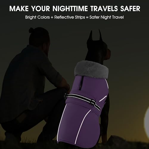 Dog Coat Large, Windproof Dog Jacket with Warm Fleece Lining, Thickened Collar Dogs Winter Coat, Adjustable Reflective Pet Coats for Cold Weather (Purple, Large) - color: Purple, size: Large