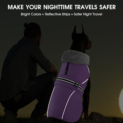 Dog Coat Large, Windproof Dog Jacket with Warm Fleece Lining, Thickened Collar Dogs Winter Coat, Adjustable Reflective Pet Coats for Cold Weather (Purple, XX-Large) - color: Purple, size: XX-Large