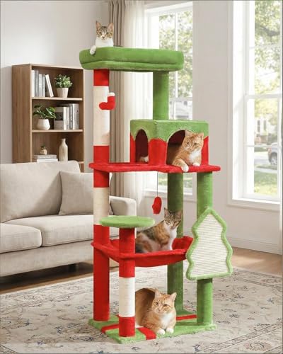 MUTTROS Cat Christmas Tree for Indoor Cats – 56.3“ Cat Proof Christmas Tree Tower with Large Hammock, 3 Scratching Posts & 3 Christmas Toy Balls – Holiday Cat Tree with Festive Decor, Christmas Red - color: Christmas Red, size: 56.3in