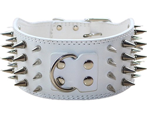 3" Sharp Spiked Studded PU Leather Dog Collar for Training,Sports,Walking,Medium,Large,X-Large,for Pitbull,Labrador,Boxer (L, White) - color: White, size: L