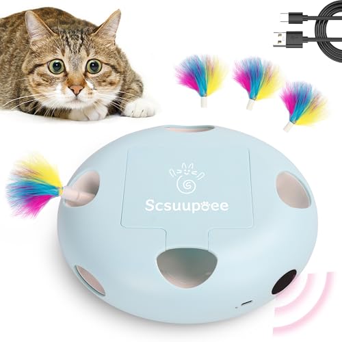 Cat Toys, Rechargeable Interactive Cat Toy, Smart Sensor Pop-Up Feather Toy with 7 Holes, USB Powered Automatic Kitten Toy for Indoor Cats, Blue - color: blue