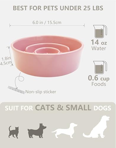 Ceramic Slow Feeder Dog Bowls, 0.6 Cup Slow Feeder for Small Dogs, Puzzle Maze Bowl, Prevents Choking, 6in, Pink - color: Pink, size: 6 Inches