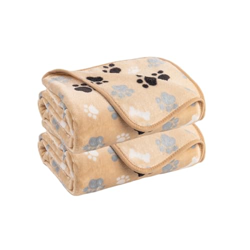 Dog Blanket Paw Bone Pattern 1 Pack 2 Super Soft Warm Flannel Sofa Cover Car Bed Protector, Urine Proof Washable Outdoor Pet Blanket for Puppy Large Dogs & Cats,40"*30" Beige - color: Beige|paw Bone, size: 40*30 inch (Pack of 2)