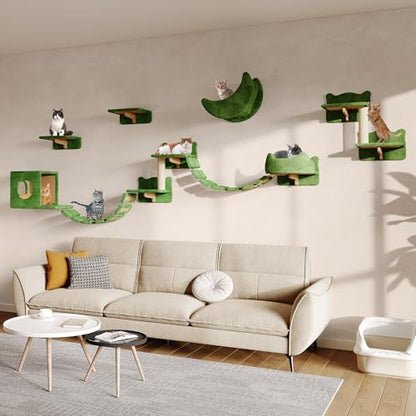 13-in-1 Cat Wall Shelves, Wall Mounted Cats Furniture Set with Plush Fabric, Cat Climbing Wall Systems, Cats Shelf with Moon Hammock, Condo, House, Step, Bridge Ladder, Scratching Post, Green - color: Green, size: 13-in-1