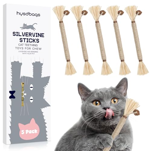 5 Pack Silvervine Sticks Cat Toys, Natural Chew Kitten Teething Toys for Cleaning, Matatabi Catnip Treat Toys, Catmint Silver Vine Sticks for Bored Indoor Kitty