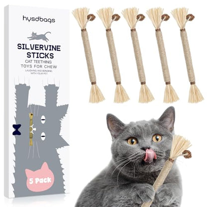 5 Pack Silvervine Sticks Cat Toys, Natural Chew Kitten Teething Toys for Cleaning, Matatabi Catnip Treat Toys, Catmint Silver Vine Sticks for Bored Indoor Kitty