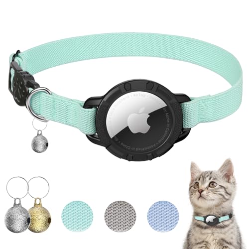 AirTag Cat Collars, Stretchy Collar with Apple AirTag Holder and Bell, Breakaway Ultra Design Elastic GPS Tracking Collars for Cats and Puppies, (7.5-12.5 Inch), Green - color: Green