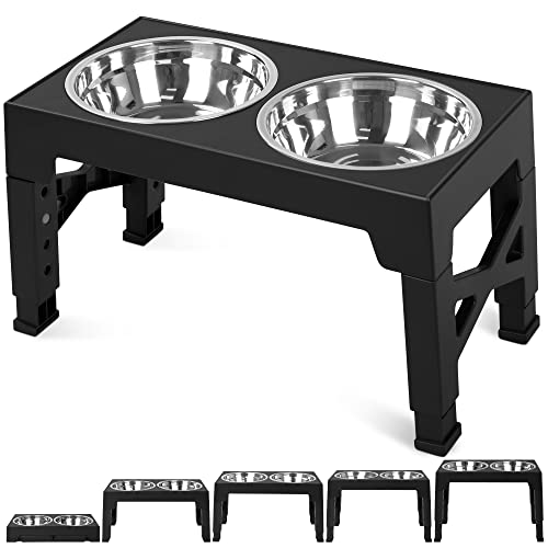 Niubya Elevated Dog Bowls with 2 Stainless Steel Dog Food Bowls, Raised Dog Bowl Adjusts to 5 Heights (3.15", 8.66", 9.84",11.02", 12.2") for Small Medium and Large Dogs - color: Black