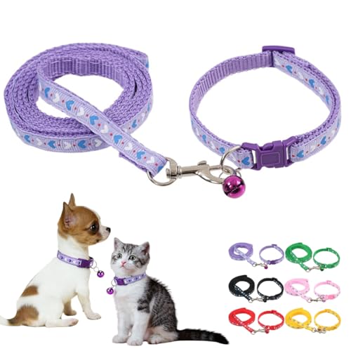 Purple Xs Dog Collar and Leash Set,Adjustable Buckle Heart Print Nylon Dog Collars for Xs XSmall Small Puppy Dogs Cat Kitten X-Small,Neck 7.5-12.5 Inch - color: Purple2