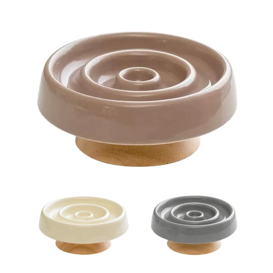 Ceramic Cat Slow Feeder, Raised Slow Feeder Cat Bowl, Anti Vomiting and Whisker Friendly Kitty Dish, Elevated Puppy Kitten Food Bowl for Dry and Wet Food (Brown) - color: Brown
