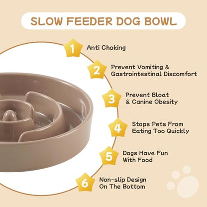 Havniva 6.1” Raised Slow Feeder Dog Bowls Set, 0.9 Cups Ceramic Slow Feeder Dog Bowl and 6.1” Dog Water Bowl with Elevated Wooden Stand Puzzle Dog Food Bowl for Small Dogs Anti-Gulping & Anti-Choking - color: 2 x Brown Coffee+Stand-A, size: 6.1inch-New