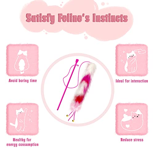 2 Pack Cat Wand Toy, Rainbow Cat Feather Toys with Bells, Teaser Wand with Soft Furry Tail, Interactive Toys for Indoor Cats & Kitten & Kitty - style: D-Yellow&Rose Red-2pcs