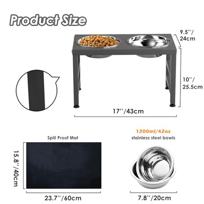 ADENGL Metal Raised Dog Bowl, 10" Height Tall Elevate Dog Feeder Stand with 2 Stainless Steel 42oz Bowls & 16x24 Non-Slip Mat – Stronger Dogs Food & Water Bowl Stand (Grey) - color: Grey - L Black Dog Mat, size: Height-10inch