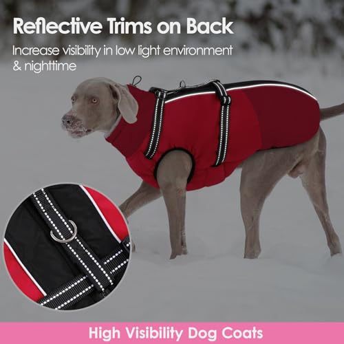 AOFITEE Dog Coat, Warm Dog Jacket with Harness Built-in, Waterproof Medium Dogs Cold Weather Coat with Zipper, Reflective Fleece Lined Pet Snow Jackets for Pug, Jack Russell, Boston Terrier, Red M - color: Red, size: Medium