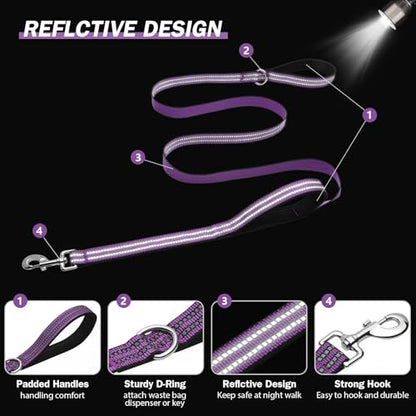 Hikiko 4FT Purple Dog Leash with Dual Handles Heavy Duty Reflective Strong Dog Leash for Walking and Training - color: Purple, size: 1 in x 4 ft