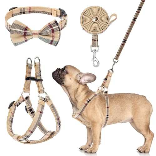 BINGPET Dog Harness Collar Leash Set,Adjustable No Pull Escape Proof Small Dog Harness,Classic Plaid Puppy Harness and Leash Set for Small Medium Large Dogs Training Easy Walk Running(Beige,S) - color: Beige Plaid, size: S(Chest Girth:14.9''-20.9'')