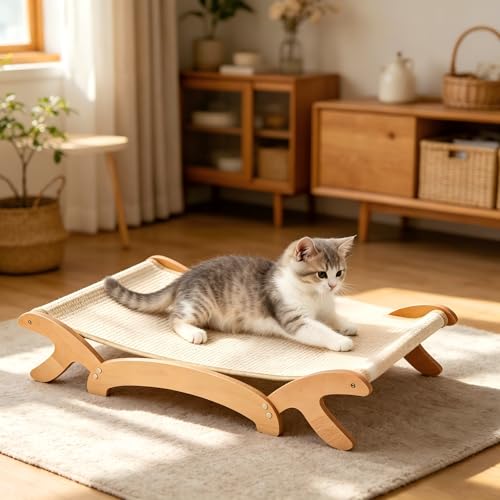 Elevated Cat Bed with Sisal Hammock for Cats, Large Sisal Scratcher Bed for Indoor Cats, Solid Beech Wood Frame up to 22Lbs (26.3" Lx16.1 Dx4.7 H)