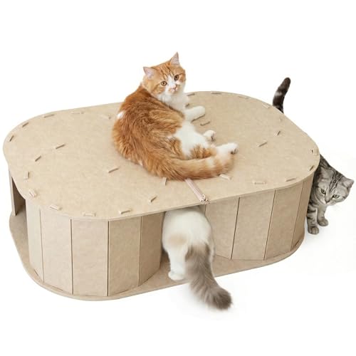 PETKARAY Large Felt Cat Tunnel, Double S-Shaped Hideaway for Indoor Cats, Interactive Cat Bed Cave and Hideout, 34x22.8x10.2 inches Beige - color: Beige, size: Tunnel Cave