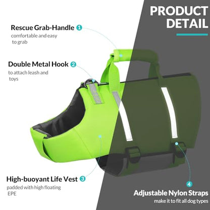 Queenmore Dog Swim Vest - Lightweight Adjustable Reflective Puppy Pet Float Life Preserver with Back Zip, Rescue Handle, Metal Hook (Green S) - color: Green, size: Small