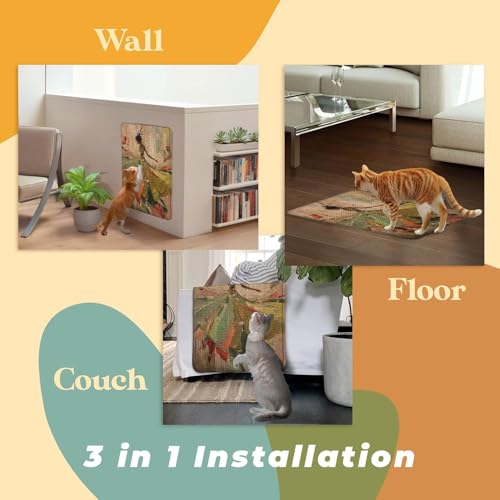 SCRATCHABLE Sisal Cat Scratcher, [+ Catnip Fish Toy], Cat Wall Scratcher, Couch Protector from Cat Scratching, Scratching Mat- 24 X 15.8 with 12 Adhesive Velcro Stripes (Elegant Green)