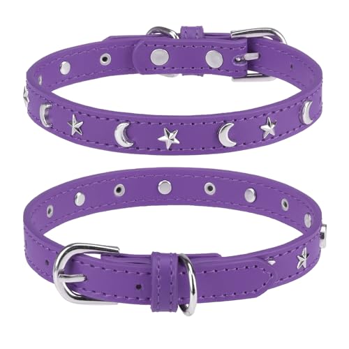 Leather Dog Collar for Puppy Small Medium Dogs, Adjustable Star Moon Rivet Studded Pet Collars with Rust-Proof Metal Buckle and Charms, XS S Dog Collars for Boy and Girls, Size 11-14" Purple - color: Purple, size: Small (11"-14", Pack of 1)