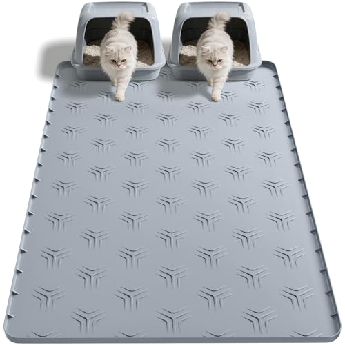 JUJOMAT Cat Litter Box Mat, 40"*28" Large Silicone Cat Litter Trapping Mat Non-Slip Gray Kitty Litter Mat for Indoor Cats, Waterproof Pet Food Mats Easy to Clean & Soft on Kitty Paws - size: 40"L x 28"W