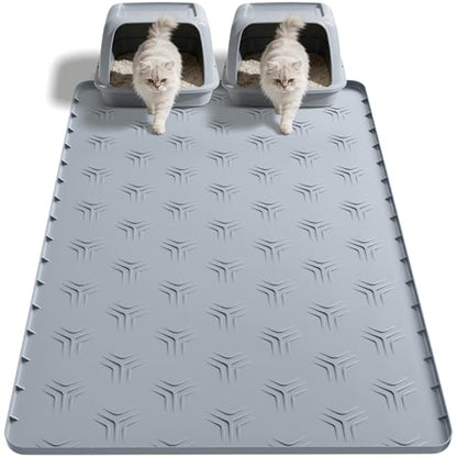 JUJOMAT Cat Litter Box Mat, 40"*28" Large Silicone Cat Litter Trapping Mat Non-Slip Gray Kitty Litter Mat for Indoor Cats, Waterproof Pet Food Mats Easy to Clean & Soft on Kitty Paws - size: 40"L x 28"W