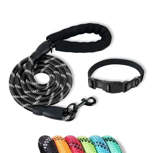 Dog Leash with Collar 5 FT Highly Reflective Rope, Soft Padded Handle for Small/Medium/Large Dogs Nylon Heavy Duty Leash for Training, Night Walks & Active Lifestyles (Black, L) - color: Black, size: L