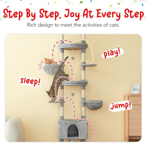 Cat Tree, Floor to Ceiling Cat Tower Adjustable Height [92.9-102.4 in=235-258cm], 7 Tiers Cat Climbing Play House with Scratching Post, Cozy Condo&Hammocks for Indoor Cats, Light Grey - color: Light Grey