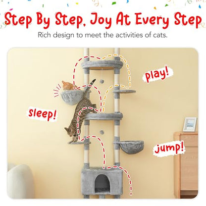 Cat Tree, Floor to Ceiling Cat Tower Adjustable Height [92.9-102.4 in=235-258cm], 7 Tiers Cat Climbing Play House with Scratching Post, Cozy Condo&Hammocks for Indoor Cats, Light Grey - color: Light Grey