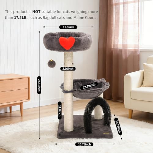 Simple Deluxe 27.8" Small Cat Tree Tower for Indoor Cats, Multi-Level Cute Cat Tree with Scratching Post| Plush Hammock| Perch| Replaceable Cover| Groomer Brush| Dangling Ball for Kittens Play & Rest - color: Smoky Gray & Heart