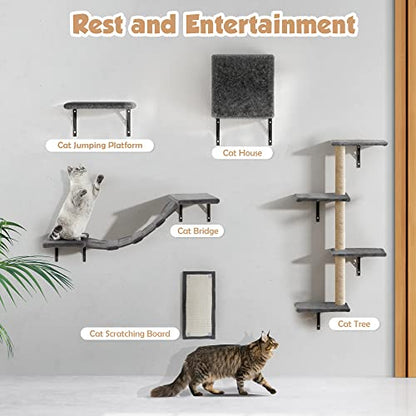 5 Pcs Wooden Indoor Cat Climber - Wall-Mounted Shelves, Perches, Scratching Board, Cat Ladder & Cat Tree - Grey - color: Grey