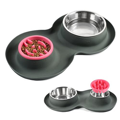 100% Waterproof BPA Free Pet Dog Bowls2 Stainless Steel（53oz+27oz） with 1.35“ Raised Edge Silicone Mat + Slow Feed Dog Water and Food Bowls for Feeding Small Large Dogs Cats Puppies (Gray) - color: Gray